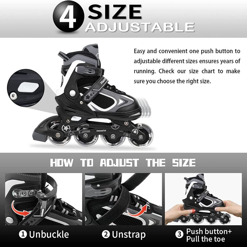MammyGol Adjustable Inline Skates for Kids Youth with Light up Wheels,Illuminating Beginner Black Roller Skates for Boys Size 5-8 - Image 3