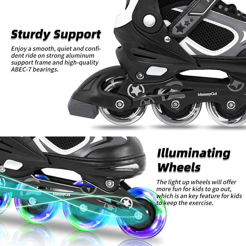 MammyGol Adjustable Inline Skates for Kids Youth with Light up Wheels,Illuminating Beginner Black Roller Skates for Boys Size 5-8 - Image 4