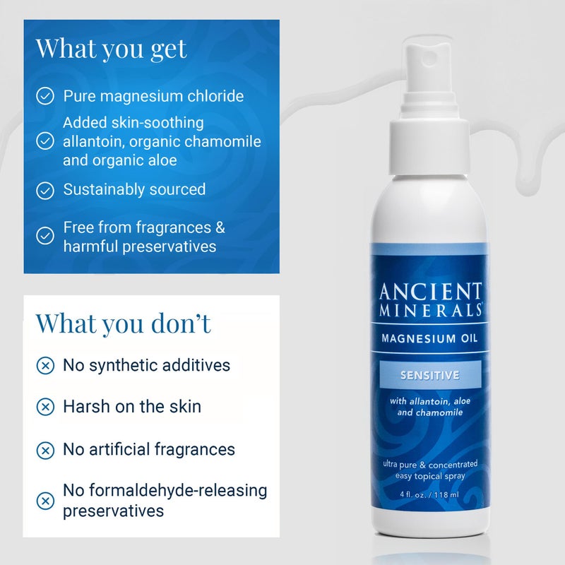 Ancient Minerals Magnesium Oil Spray Sensitive All-New Sensitive Formula with Allantoin, Organic Chamomile, and Organic Aloe Vera (4oz) - Image 5