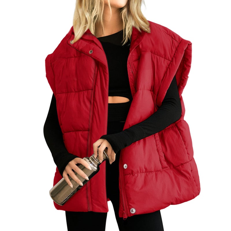 Songling Womens Oversized Puffer Vest Stand Collar Full Zip Sleeveless Bubble Puffer Vest Quilted Padded Warm Coat Outwear (Red,M) - Image 1