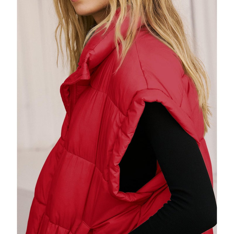 Songling Womens Oversized Puffer Vest Stand Collar Full Zip Sleeveless Bubble Puffer Vest Quilted Padded Warm Coat Outwear (Red,M) - Image 2