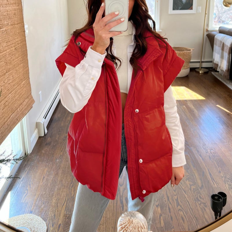Songling Womens Oversized Puffer Vest Stand Collar Full Zip Sleeveless Bubble Puffer Vest Quilted Padded Warm Coat Outwear (Red,M) - Image 3