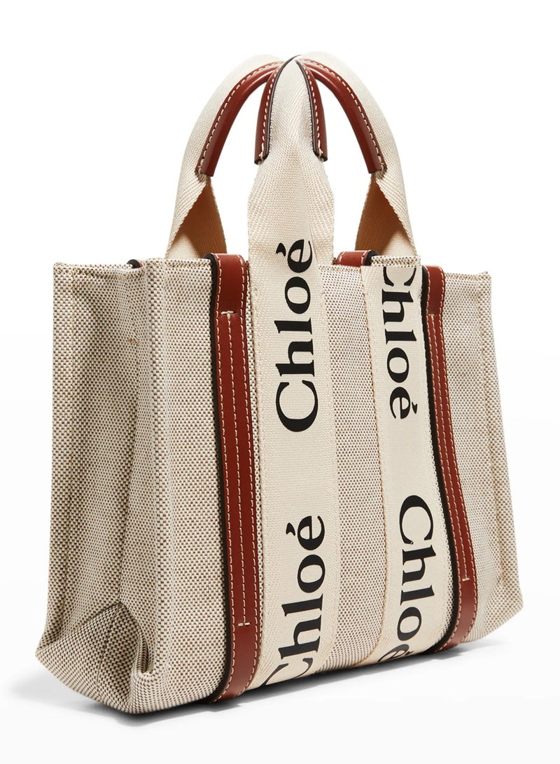 Chloe Woody Small Women Tote Bag in Linen, Women Shoulder Bag, Women Hand Bag, Women's Travel Bag, Women's Shopping Bag, White-Brown - Image 3