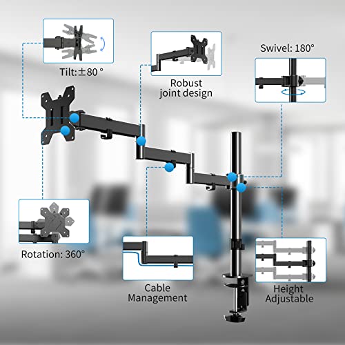Pholiten Single Long Monitor Stand, 13 to 32 inch Computer Monitor Desk Mount, Extra Long Adjustable Computer Arm, VESA Stand for 1 Screen, Max VESA 100x100, MD9431 - Image 4