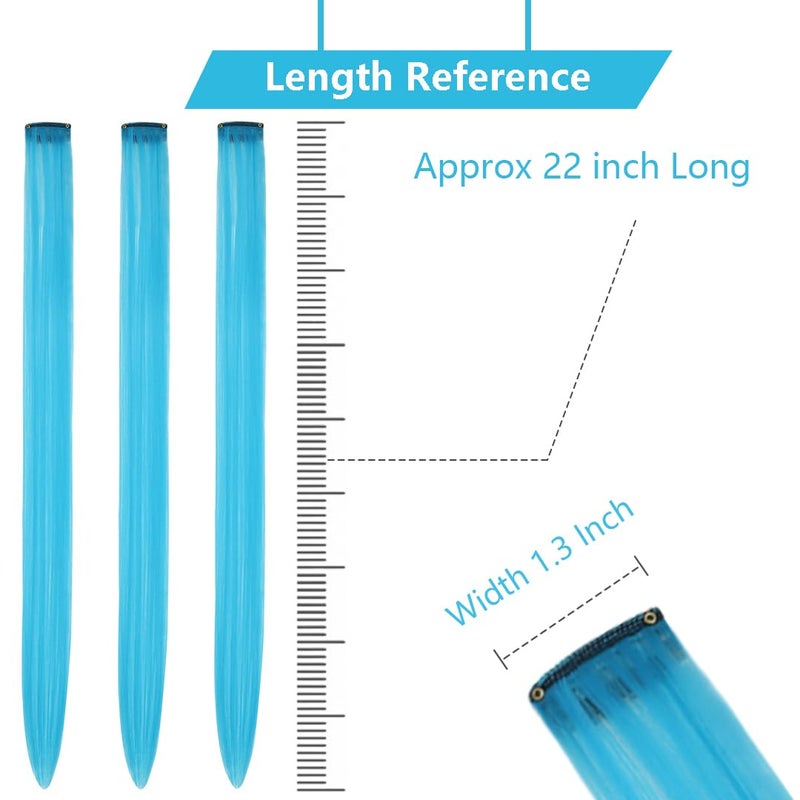 RINBOOOL Colored Hair Extensions Clip In for Kids Girls Women, Teal Blue 10 Pieces Rainbow Color, 22 Inch Long Straight Highlights Party, Synthetic - Image 3
