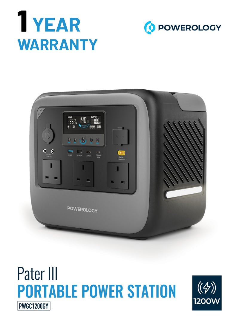 باورولوجي محطة طاقة محمولة باتر 3 بقوة 1200 واط / مولد طاقة بسعة بطارية 945 واط في الساعة / منافذ شحن متعددة / مولد للتخييم والأنشطة الخارجية / لوحة شحن لاسلكية بقوة 15 واط / مدخل طاقة شمسية فعال - رمادي - Image 1
