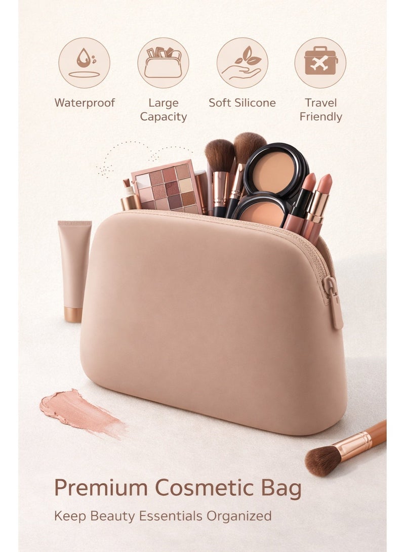 Silicone Waterproof Makeup Bag – Large Travel Cosmetic Pouch (Brown) - Image 3