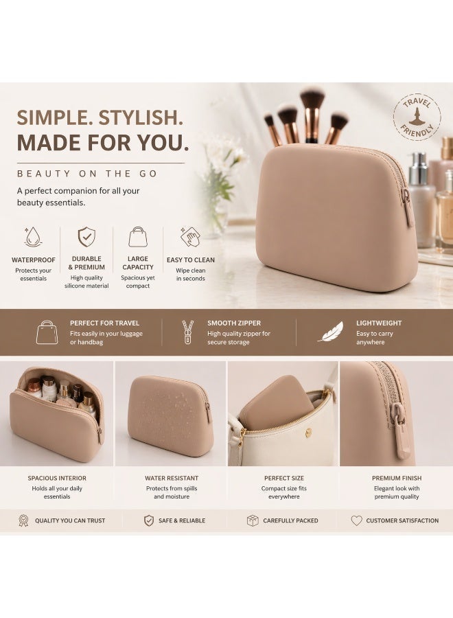 Silicone Waterproof Makeup Bag – Large Travel Cosmetic Pouch (Brown) - Image 2
