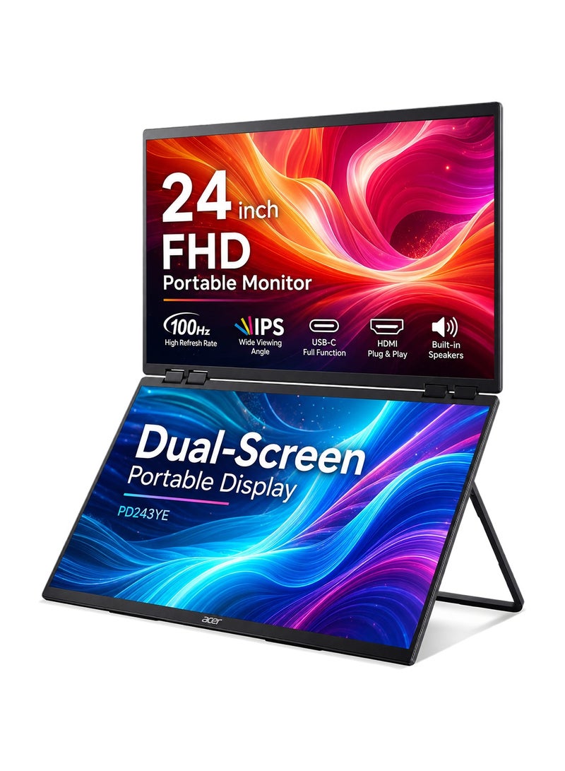 Acer 24 inch PD243Y Double Portable Monitor Full HD (DFHD)  IPS (178°x178°) 100Hz | Inputs: HDMI, USB type C | Response Time: 4 ms | Brightness: 250 cd/m² | Built-in Speakers | Dual-Screen Portable Display | Black Black - Image 1