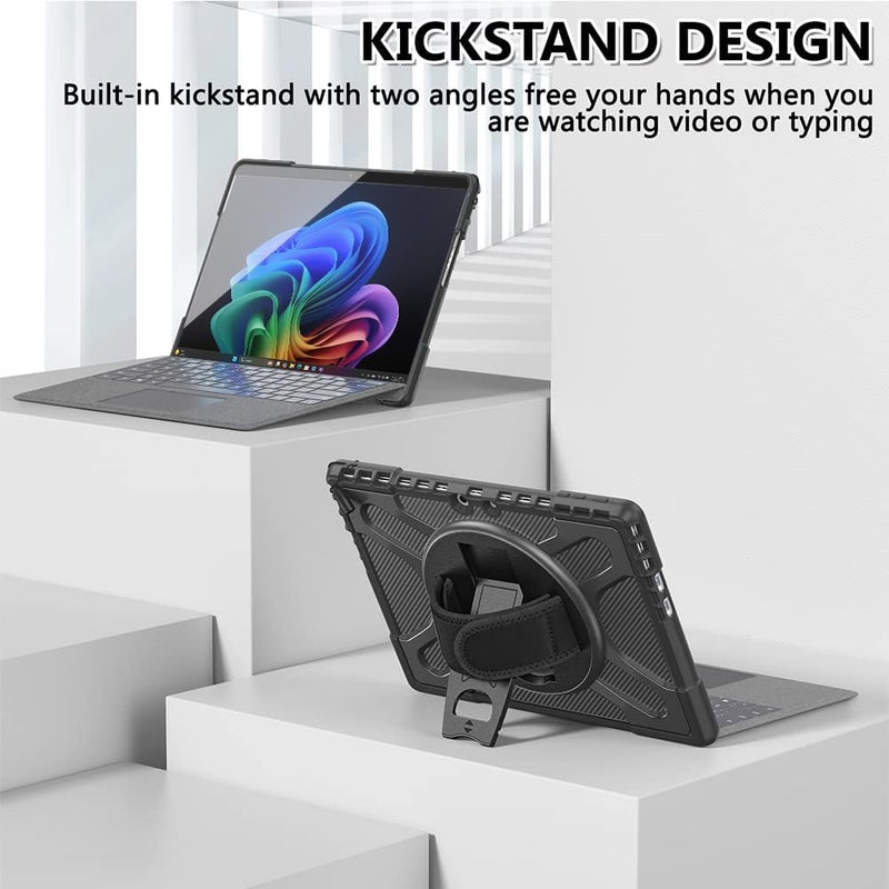 Junfire Protective Case for Microsoft Surface Pro 11/Pro 10/Pro 9, Shockproof Rugged Case 13 inch with 360Â°Rotatable Kickstand/Hand Strap/Stylus Holder, Compatible with Type Cover Keyboard-Black - Image 2