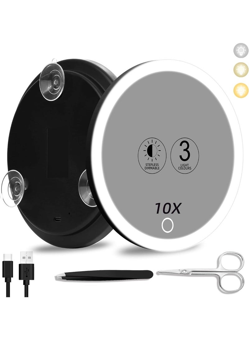 10x Magnifying Mirror with Light, 3 Color Modes Dimming 6'' Lighted 10x Magnified Mirror with 3 Suction Cups, Travel Magnifying Mirror 10x, High Magnification Makeup Mirror with Tweezers & Scissors - Image 1