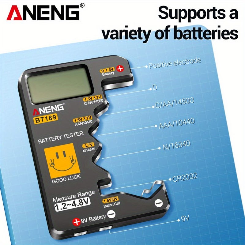 جهاز اختبار بطاريات ANENG BT189 BL رقمي مع شاشة عرض، مناسب لبطاريات C و AA و AAA و D و 9 فولت (6F22) وبطاريات الزر (3 فولت)، يُظهر مؤشر الطاقة المتبقية ولا يحتاج إلى بطارية. - Image 3