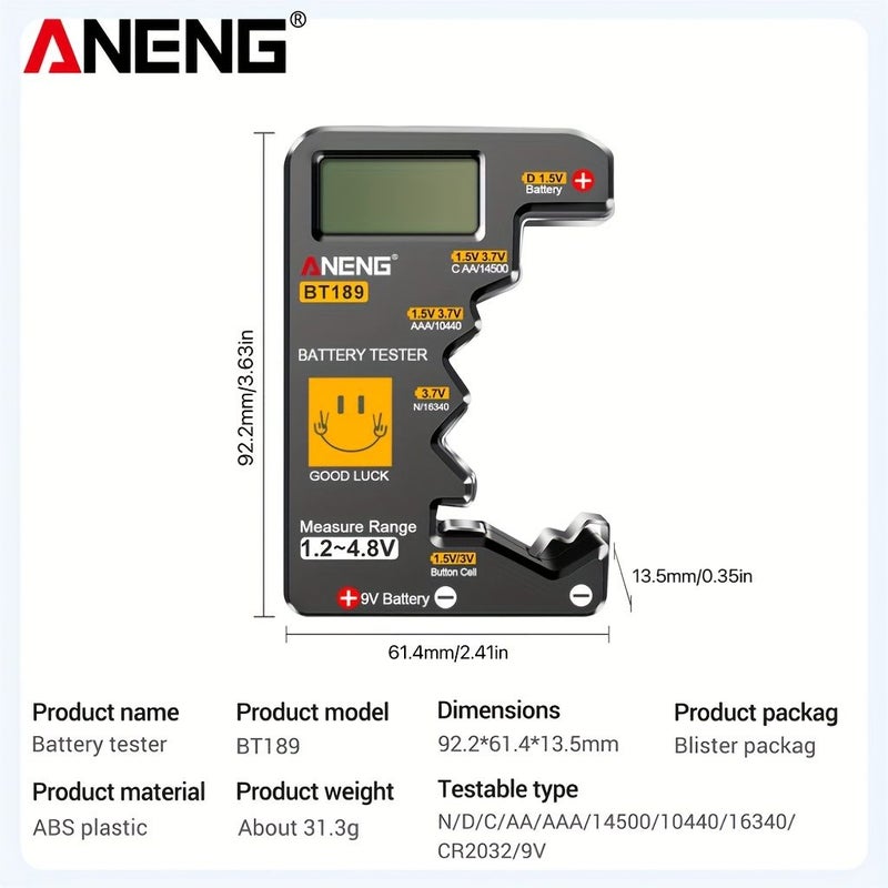 جهاز اختبار بطاريات ANENG BT189 BL رقمي مع شاشة عرض، مناسب لبطاريات C و AA و AAA و D و 9 فولت (6F22) وبطاريات الزر (3 فولت)، يُظهر مؤشر الطاقة المتبقية ولا يحتاج إلى بطارية. - Image 4