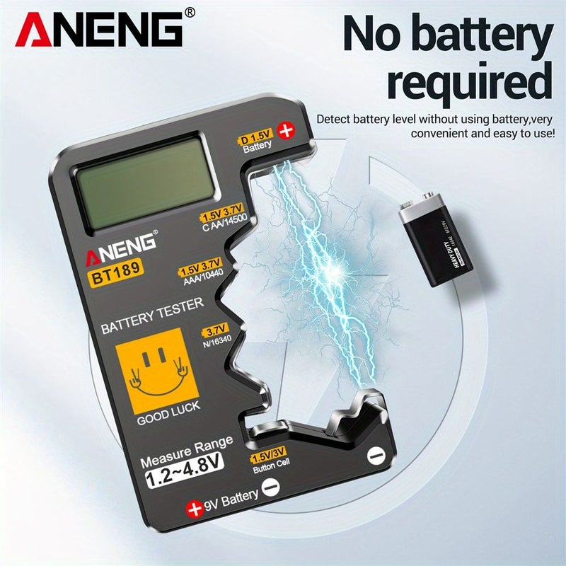 جهاز اختبار بطاريات ANENG BT189 BL رقمي مع شاشة عرض، مناسب لبطاريات C و AA و AAA و D و 9 فولت (6F22) وبطاريات الزر (3 فولت)، يُظهر مؤشر الطاقة المتبقية ولا يحتاج إلى بطارية. - Image 5