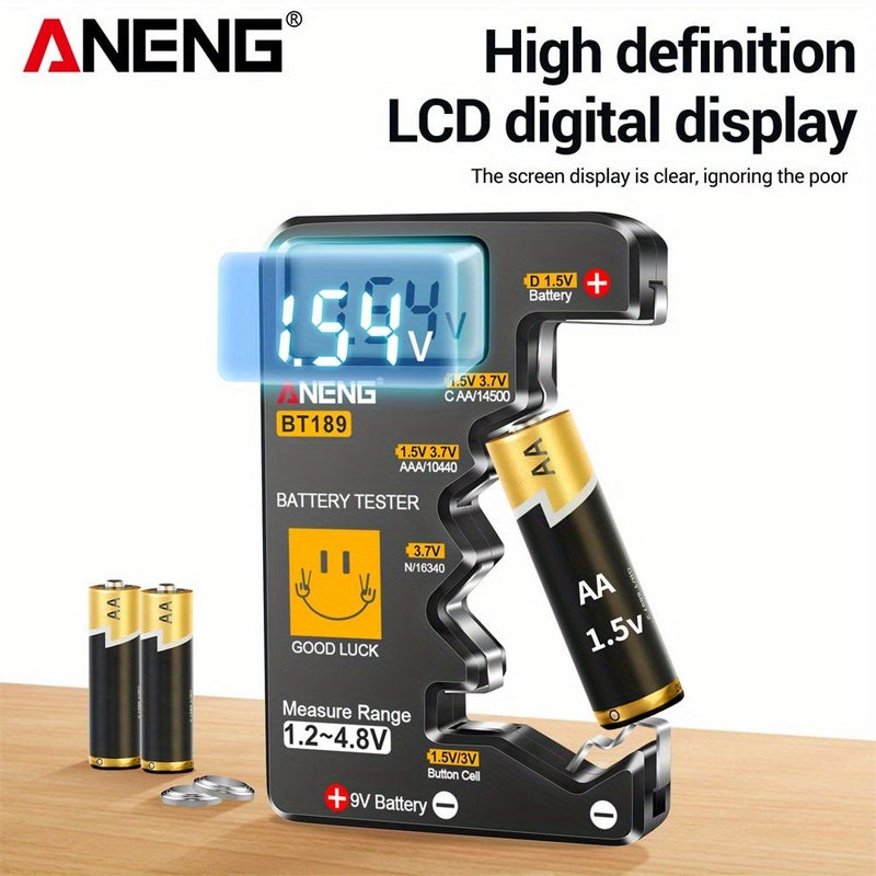 جهاز اختبار بطاريات ANENG BT189 BL رقمي مع شاشة عرض، مناسب لبطاريات C و AA و AAA و D و 9 فولت (6F22) وبطاريات الزر (3 فولت)، يُظهر مؤشر الطاقة المتبقية ولا يحتاج إلى بطارية. - Image 1