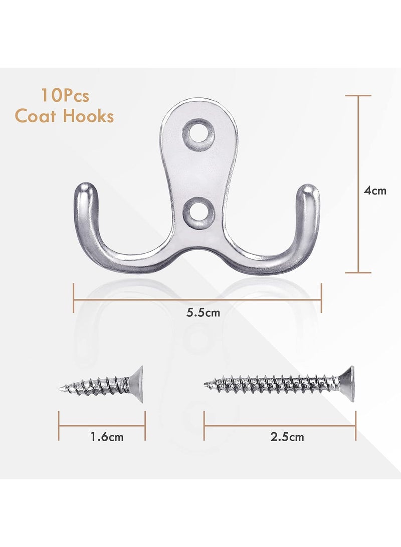 Mmmon 8 PCS Dual Coat Door Hooks Double ProngWall Mounted Hooks with 16 Pcs Screws forHanging Hat Tie Clothes Towel Metal Chrome Hanger for Bedroom BathroomKitchen Silver - Image 2