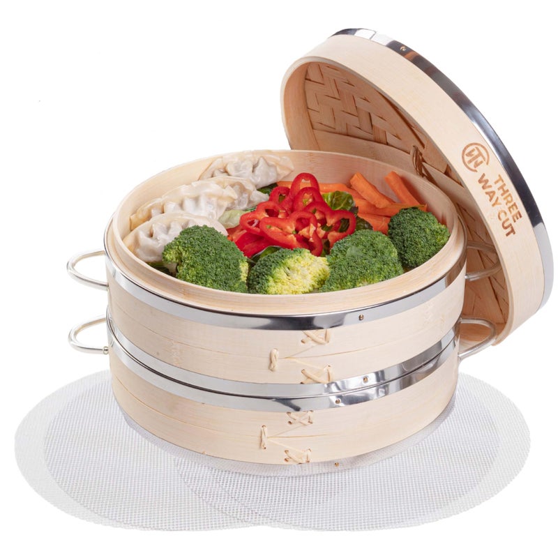 Dumpling Bamboo Steamer 10 Inch 2 Tier Wooden Basket With Handle Reusable Silicone Liner Kit For Cooking Baby Bao Bun Dim Sum Rice Potsticker Steaming Chinese Asian Food Vegetables
