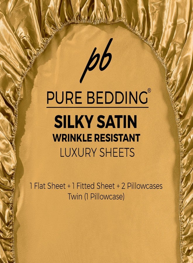 Pure Bedding Satin Sheets King [4-Piece, Gold] Hotel Luxury Silky Bed Sheets - Extra Soft 1800 Microfiber Sheet Set, Wrinkle, Fade, Stain Resistant - Deep Pocket Fitted Sheet, Flat Sheet, Pillow Cases - Image 5