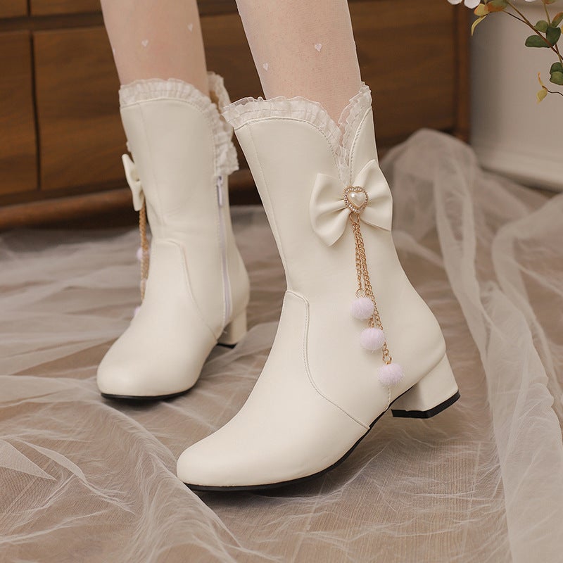 2024 Winter Low Heel Sweet Bow 28-43 Size Lace Middle And Big Children Low Boots - Image 4