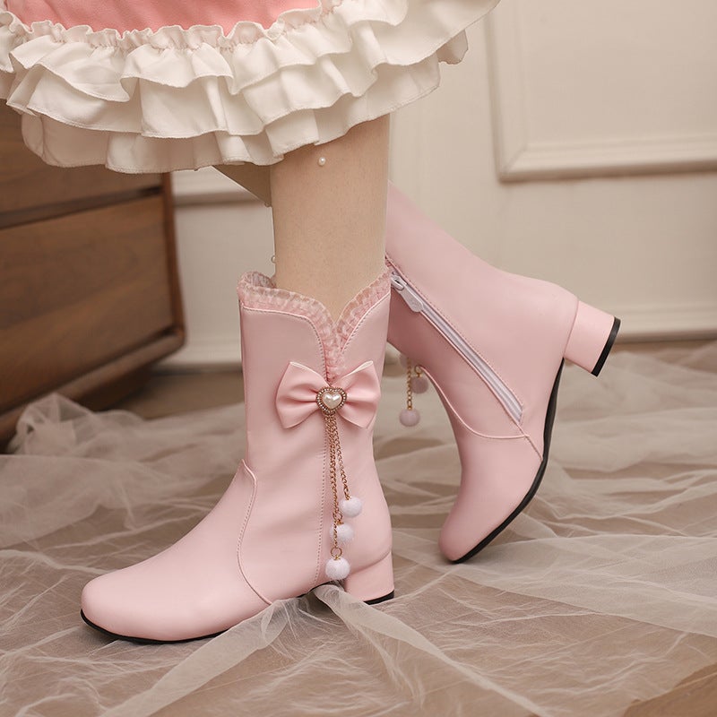 2024 Winter Low Heel Sweet Bow 28-43 Size Lace Middle And Big Children Low Boots - Image 2