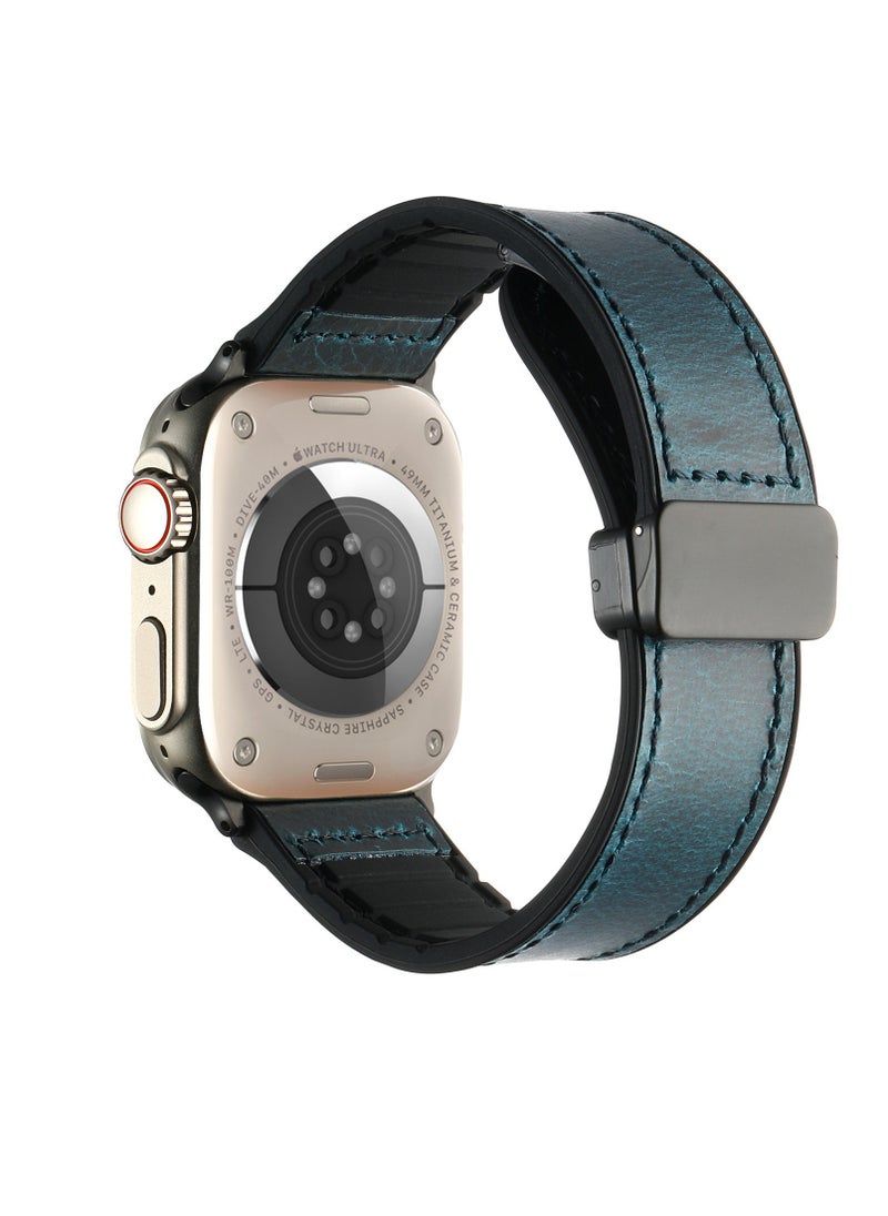 Kiboule - Magnetic Leather Watch Band for Apple Watch Ultra, 49mm 45mm 44mm 42mm, Magnetic Buckle Replacement Genuine Leather Strap for Apple Watch Series, Blue - Image 1