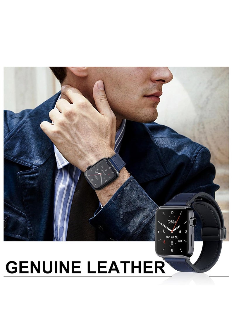 Kiboule - Magnetic Leather Watch Band for Apple Watch Ultra, 49mm 45mm 44mm 42mm, Magnetic Buckle Replacement Genuine Leather Strap for Apple Watch Series, Blue - Image 1