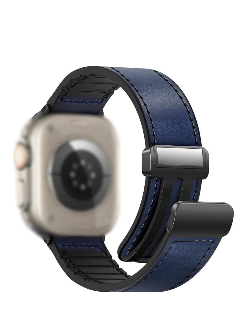 Kiboule - Magnetic Leather Watch Band for Apple Watch Ultra, 49mm 45mm 44mm 42mm, Magnetic Buckle Replacement Genuine Leather Strap for Apple Watch Series, Blue - Image 1