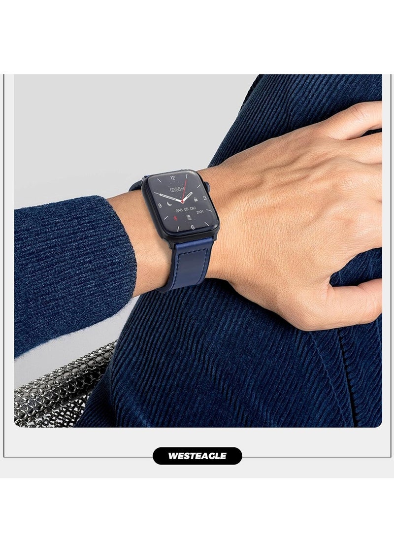 Kiboule - Magnetic Leather Watch Band for Apple Watch Ultra, 49mm 45mm 44mm 42mm, Magnetic Buckle Replacement Genuine Leather Strap for Apple Watch Series, Blue - Image 1