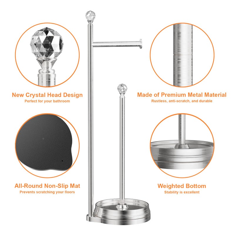 KASUNTO Toilet Paper Holder for Bathroom, Heavy Weighted Metal Free Standing Toilet Paper Holder Stand with Crystal Ball, Toilet Paper Roll Stand for Bathroom Accessories - Image 3