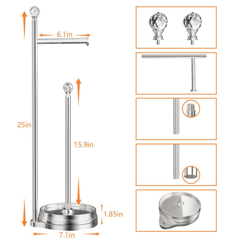 KASUNTO Toilet Paper Holder for Bathroom, Heavy Weighted Metal Free Standing Toilet Paper Holder Stand with Crystal Ball, Toilet Paper Roll Stand for Bathroom Accessories - Image 2