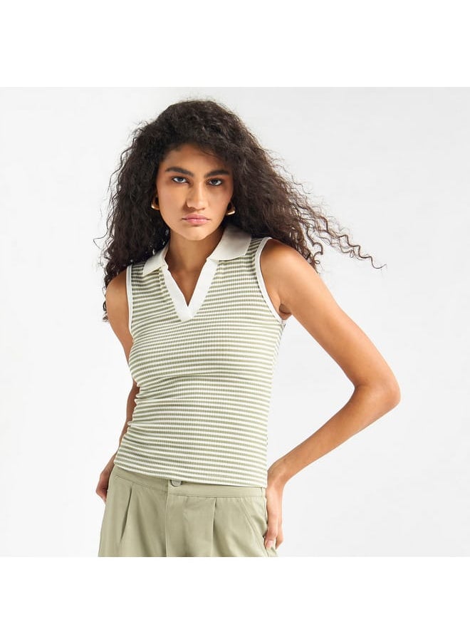 FAV Striped Sleeveless Top with Collar  - Image 1