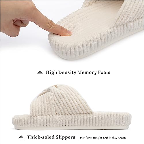Chantomoo Slippers for Women Memory Foam House Bedroom Corduroy Bow Crossbands Slide Slipper Shoes Comfy Trendy Gift Slippers Beige Size 11 12 10.5 - Image 2