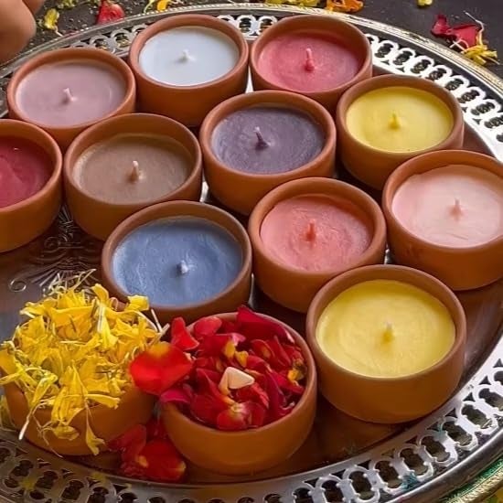 E_Glaze E_glaze Holi Special Scented Colorful Wooden Bowl CandlesNatural Soy Wax Candle Rustic Dough Bowl SOYA Wax Candles Set of 12 with Different Colors and Scents  - Image 1