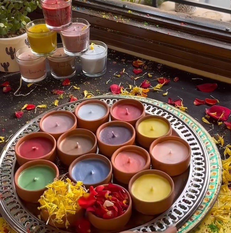 E_Glaze E_glaze Holi Special Scented Colorful Wooden Bowl CandlesNatural Soy Wax Candle Rustic Dough Bowl SOYA Wax Candles Set of 12 with Different Colors and Scents  - Image 2