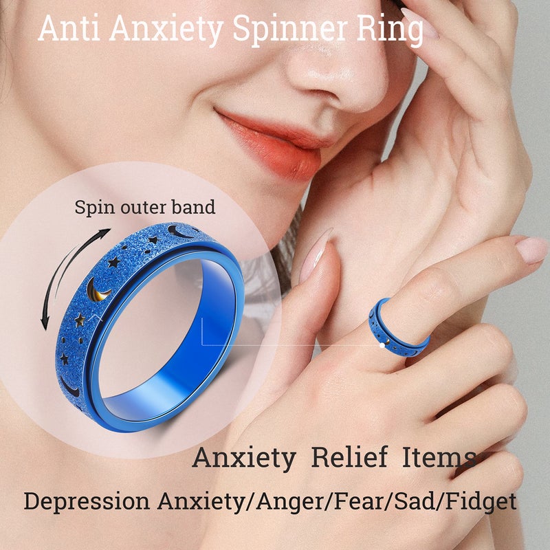 OreilleStar Anxiety Ring for Women Spinner Ring Fidget Ring Stainless Steel Fidget Toys Adults Moon Star Blue Size 8 - Image 4