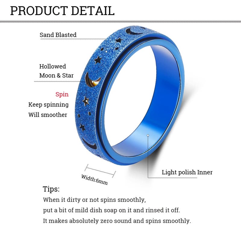 OreilleStar Anxiety Ring for Women Spinner Ring Fidget Ring Stainless Steel Fidget Toys Adults Moon Star Blue Size 8 - Image 2