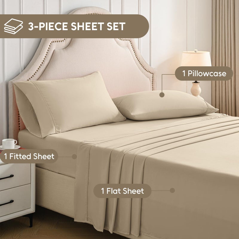 Swiftify Twin Sheets Set, 3 Pieces Hotel Luxury Soft Microfiber Bed Sheets Set, Up to 16" Deep Pockets, Oeko-Tex Sheets with Elastic, Breathable, Wrinkle Free (Beige, Twin) - Image 4