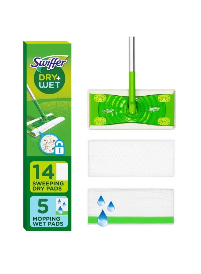 Swiffer Sweeper 2-in-1 Dry + Wet Floor Mopping and Sweeping Kit, Multi-Surface Kit for Floor Cleaning, Kit Includes 1 Sweeper, 14 Dry Sweeping Cloths, 5 Wet Mopping Cloths