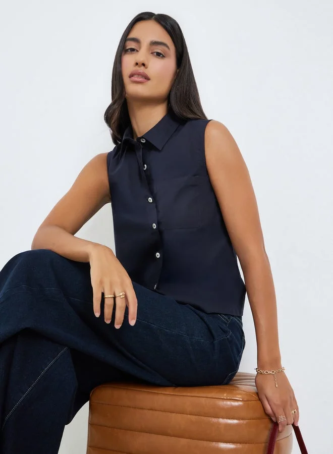 Styli Navy Blue Sleeveless Crop Shirt