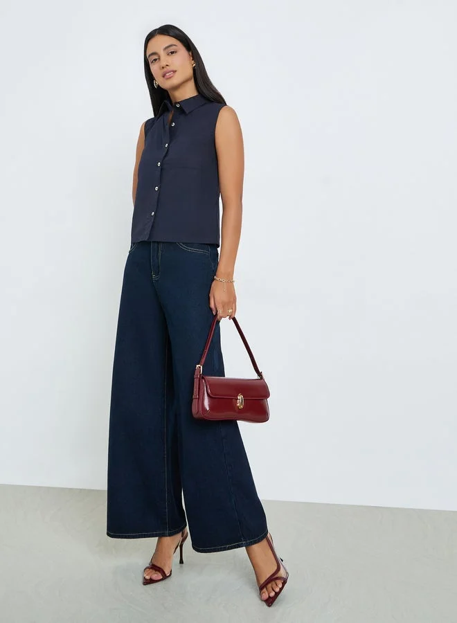 Styli Navy Blue Sleeveless Crop Shirt