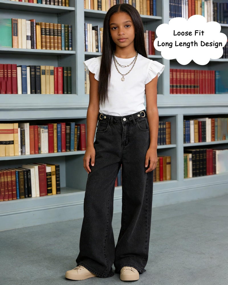 SANGTREE Girls Baggy Jeans Wide Leg Jeans Elastic Waist Casual Denim Pants Kids Clothes A-Black 11-12 Years = Tag 160 - Image 5