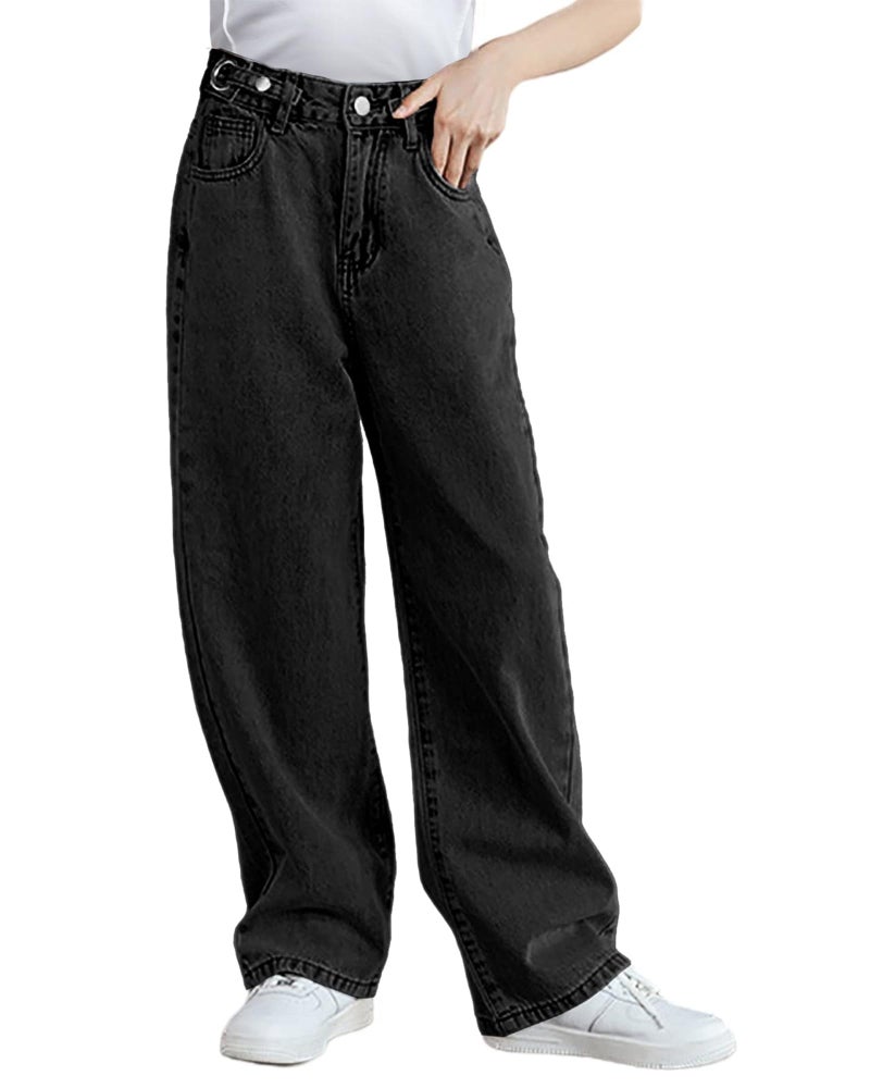 SANGTREE Girls Baggy Jeans Wide Leg Jeans Elastic Waist Casual Denim Pants Kids Clothes A-Black 11-12 Years = Tag 160 - Image 1