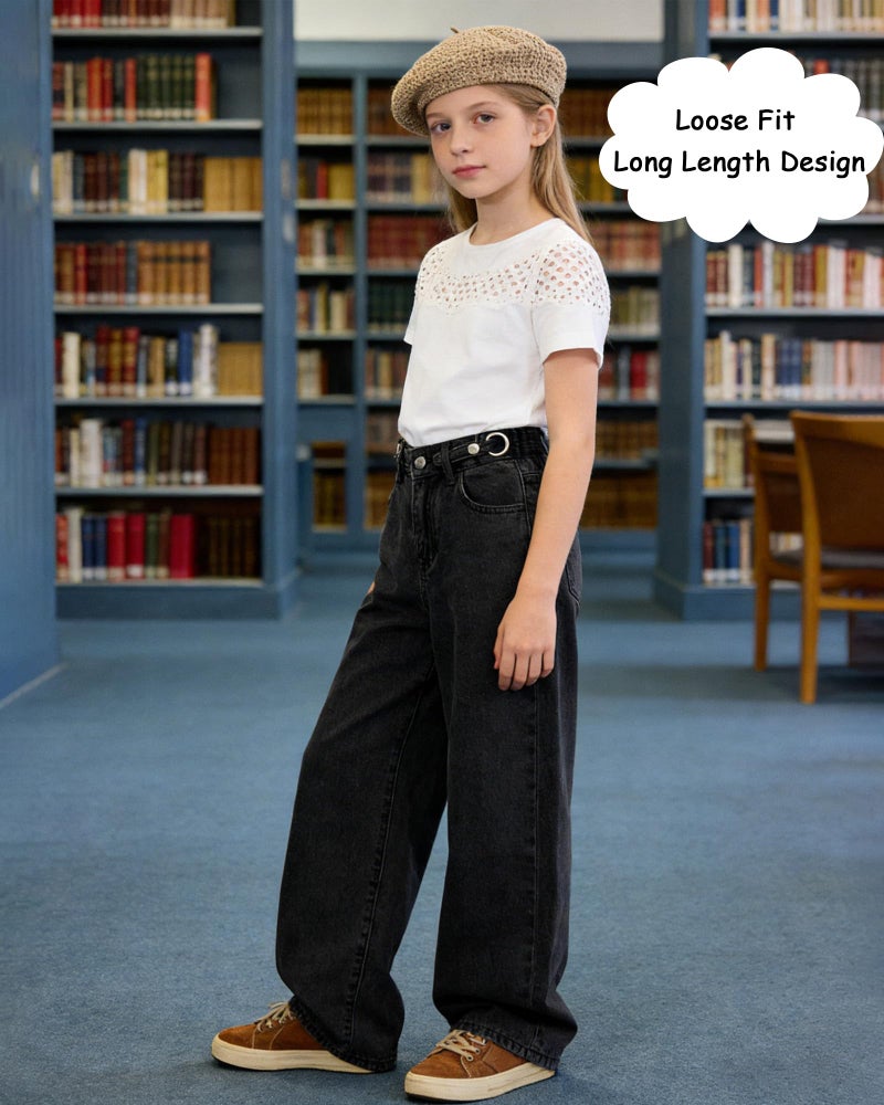 SANGTREE Girls Baggy Jeans Wide Leg Jeans Elastic Waist Casual Denim Pants Kids Clothes A-Black 11-12 Years = Tag 160 - Image 2