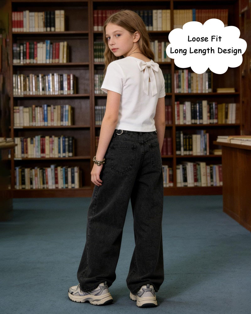 SANGTREE Girls Baggy Jeans Wide Leg Jeans Elastic Waist Casual Denim Pants Kids Clothes A-Black 11-12 Years = Tag 160 - Image 4