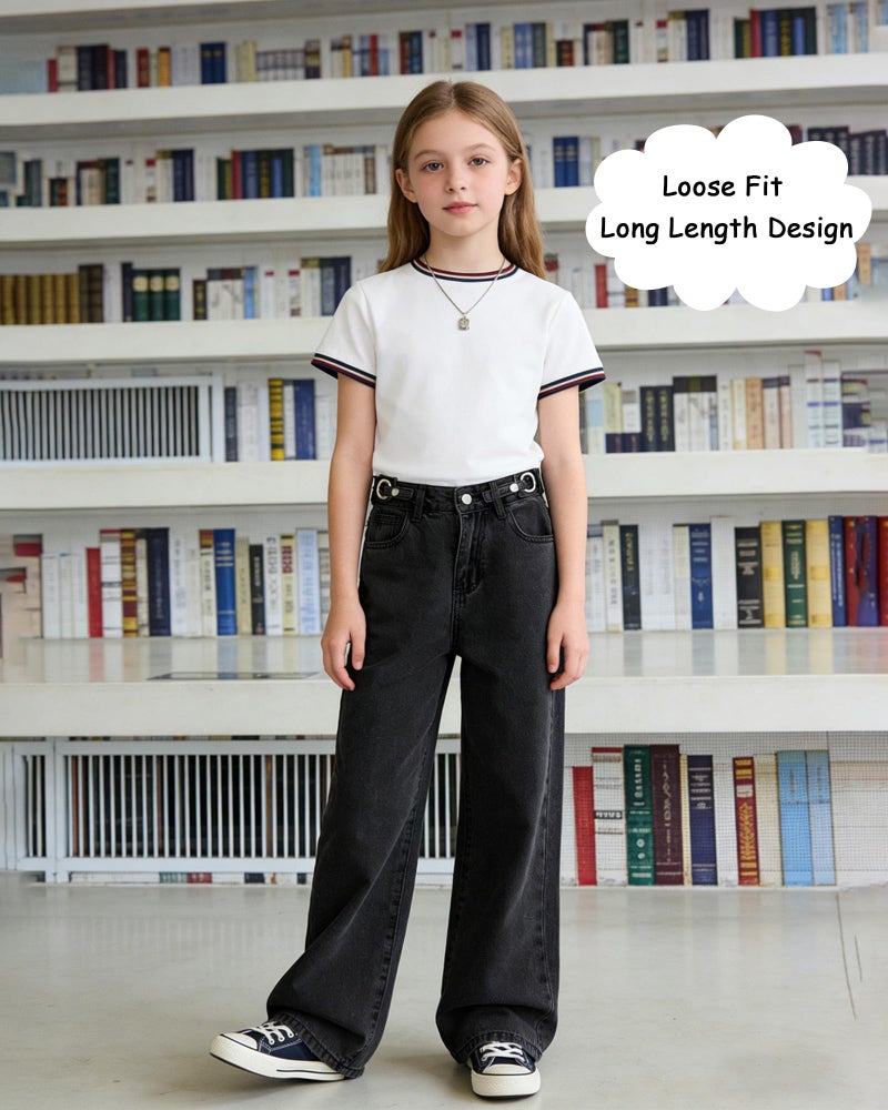 SANGTREE Girls Baggy Jeans Wide Leg Jeans Elastic Waist Casual Denim Pants Kids Clothes A-Black 11-12 Years = Tag 160 - Image 3