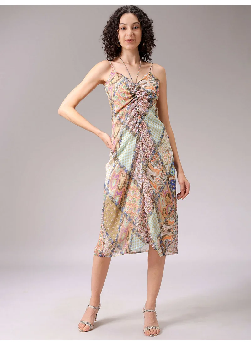 مرفوعة Women Casual Regular All Over Print Ruched V-Neck Midi Length Ruched Dress