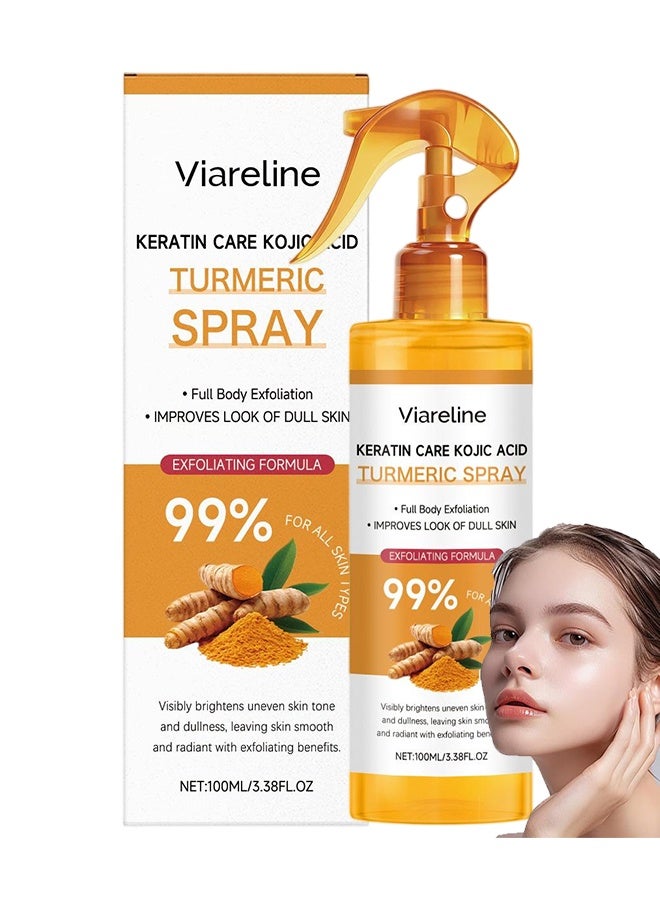 Viareline TURMERIC SPRAY, KERATIN CARE KOJIC ACID Exfoliating Body Spray 99% Turmeric Formula For All Skin Types Brightens Dull Uneven Skin Tone NET 100ML - Image 1