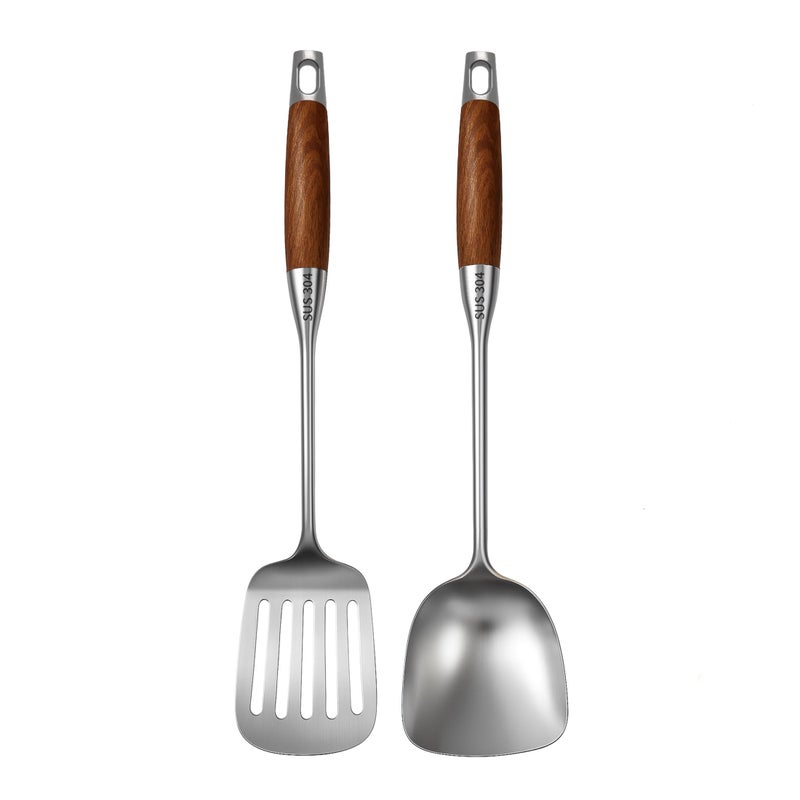 KLAQQED 2-Piece Stainless Steel Spatula Set with Wooden Handles - Slotted & Solid Turner for Kitchen Cooking - Image 1