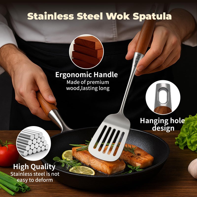 KLAQQED 2-Piece Stainless Steel Spatula Set with Wooden Handles - Slotted & Solid Turner for Kitchen Cooking - Image 3