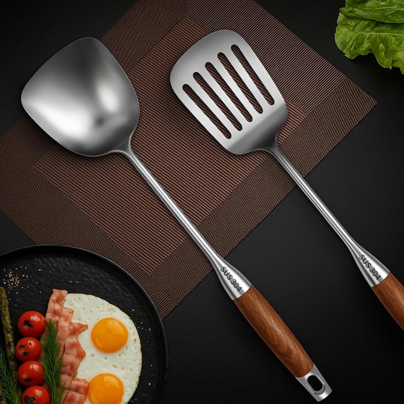 KLAQQED 2-Piece Stainless Steel Spatula Set with Wooden Handles - Slotted & Solid Turner for Kitchen Cooking - Image 4